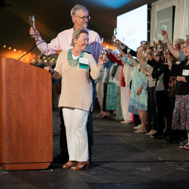 A group of people stand on a stage holding raised glasses in a toast, with a man and woman at a wooden podium leading the group. The stage is decorated with string lights and a large screen in the background.