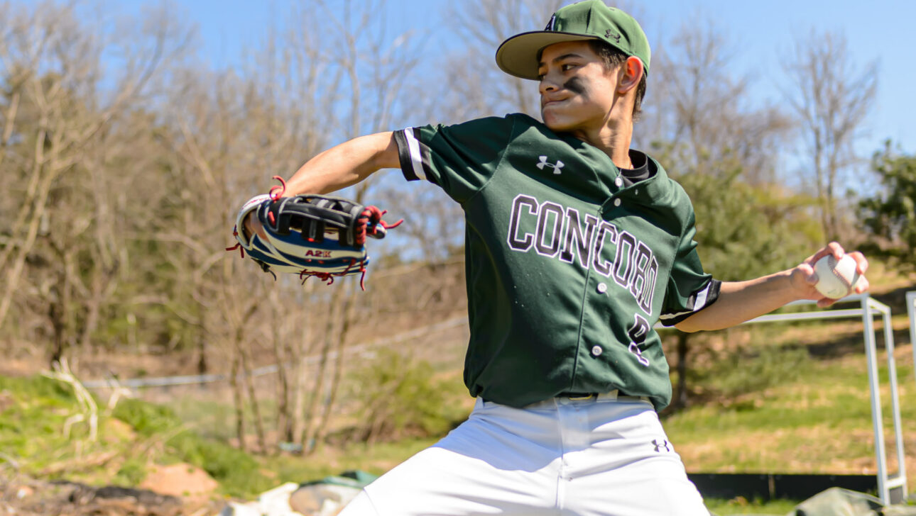 A baseball player in a green uniform prepares to throw a pitch outdoors on a sunny day, with a grassy field and trees in the background.