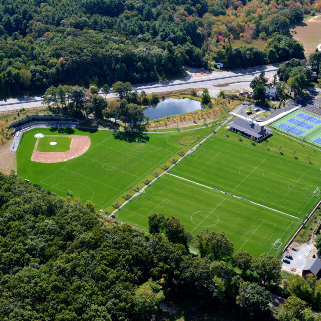 An aerial view of the grass fields at Moriarty Athletic Center.